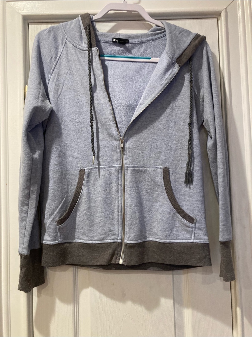 ⭐️⭐️ Champion Light Blue and Gray Zip-Up Bomber Hoodie - size Medium